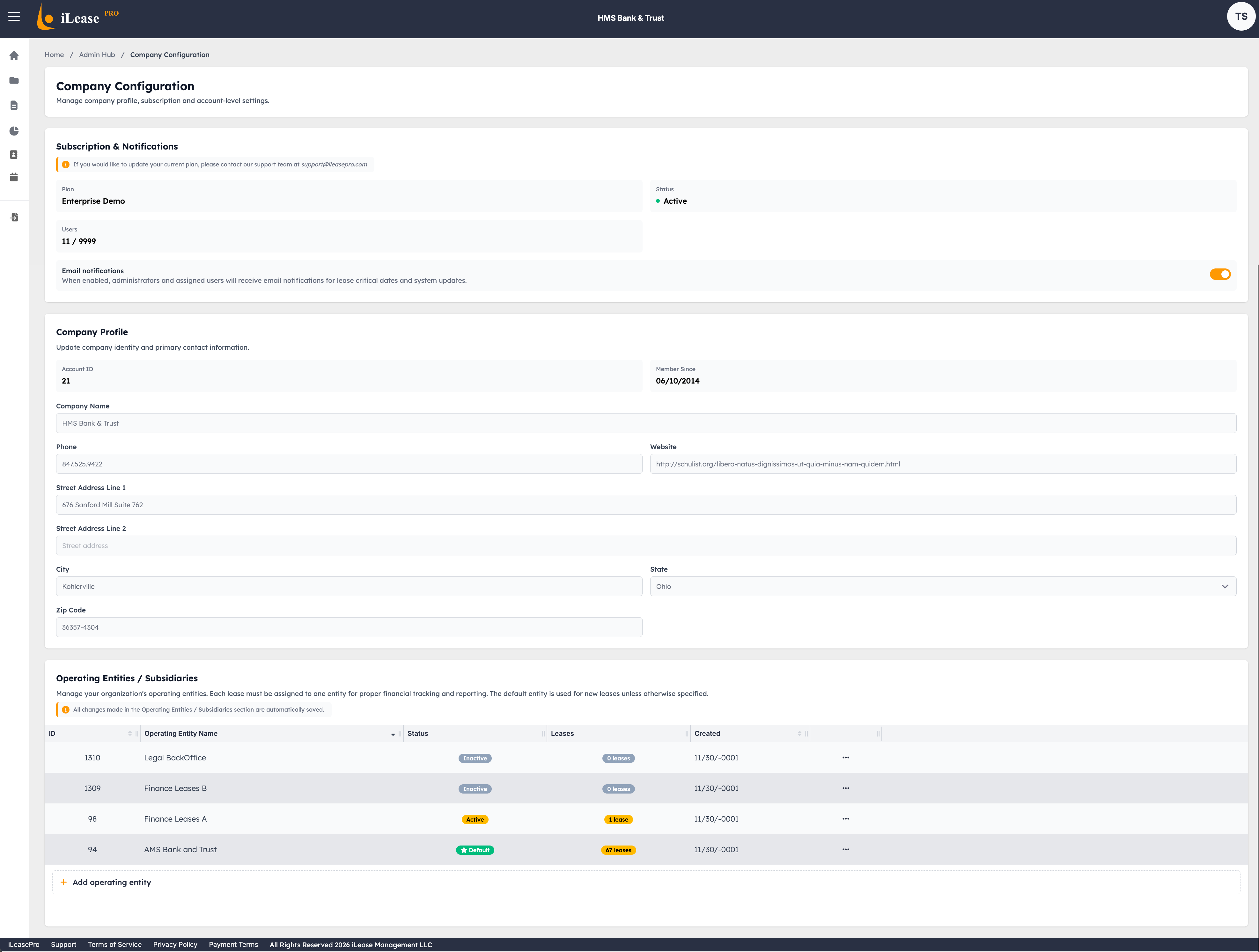 iLeasePro V2 Company Configuration screenshot