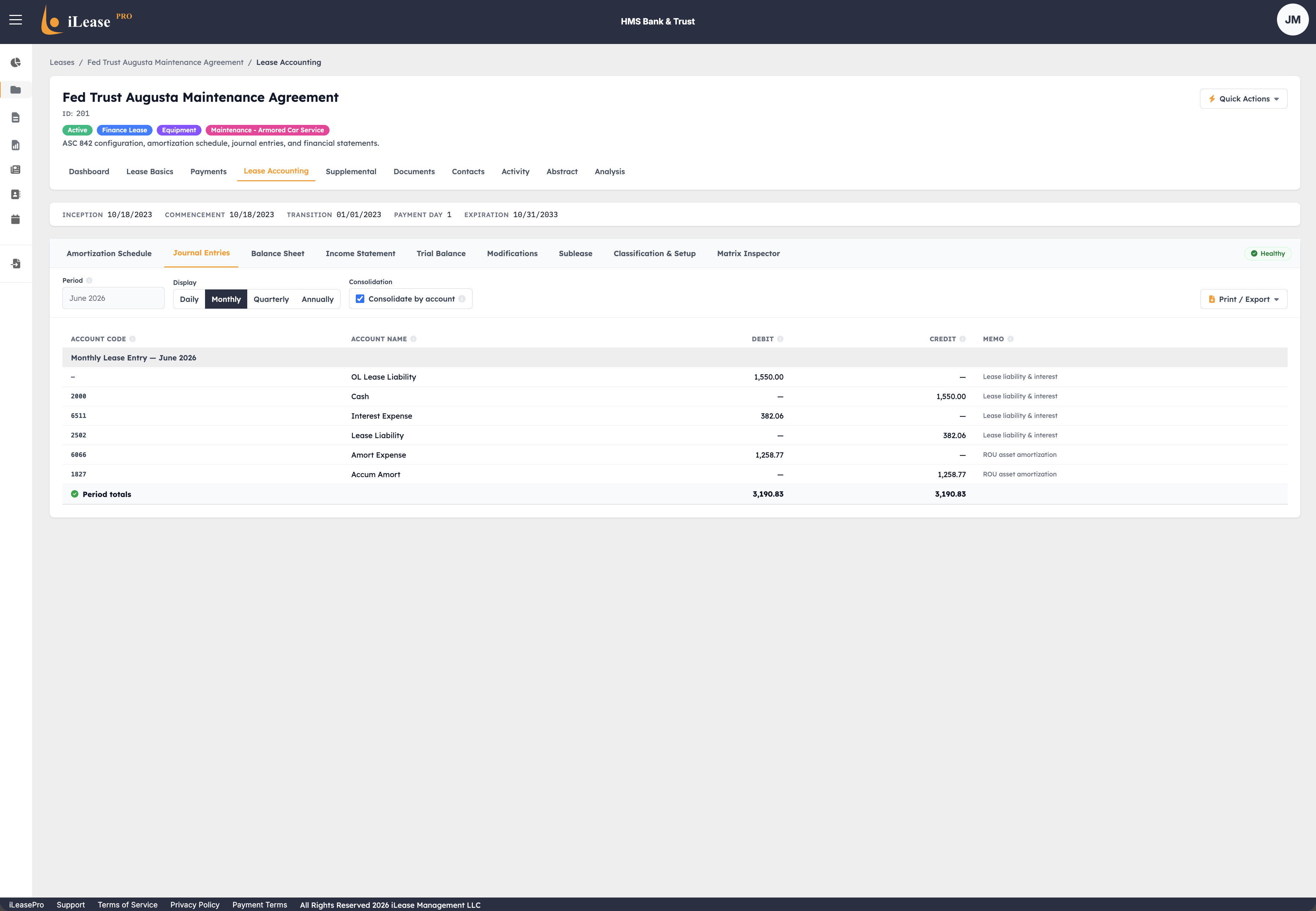 iLeasePro V2 Journal Entries screenshot