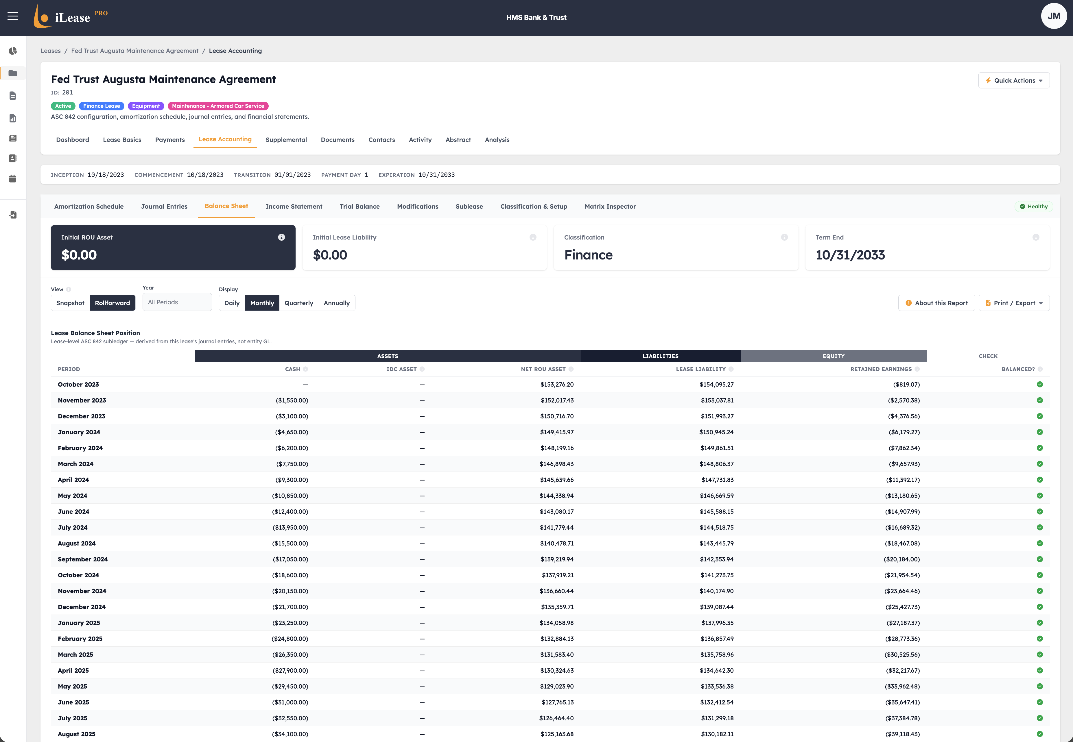 iLeasePro V2 Balance Sheet screenshot