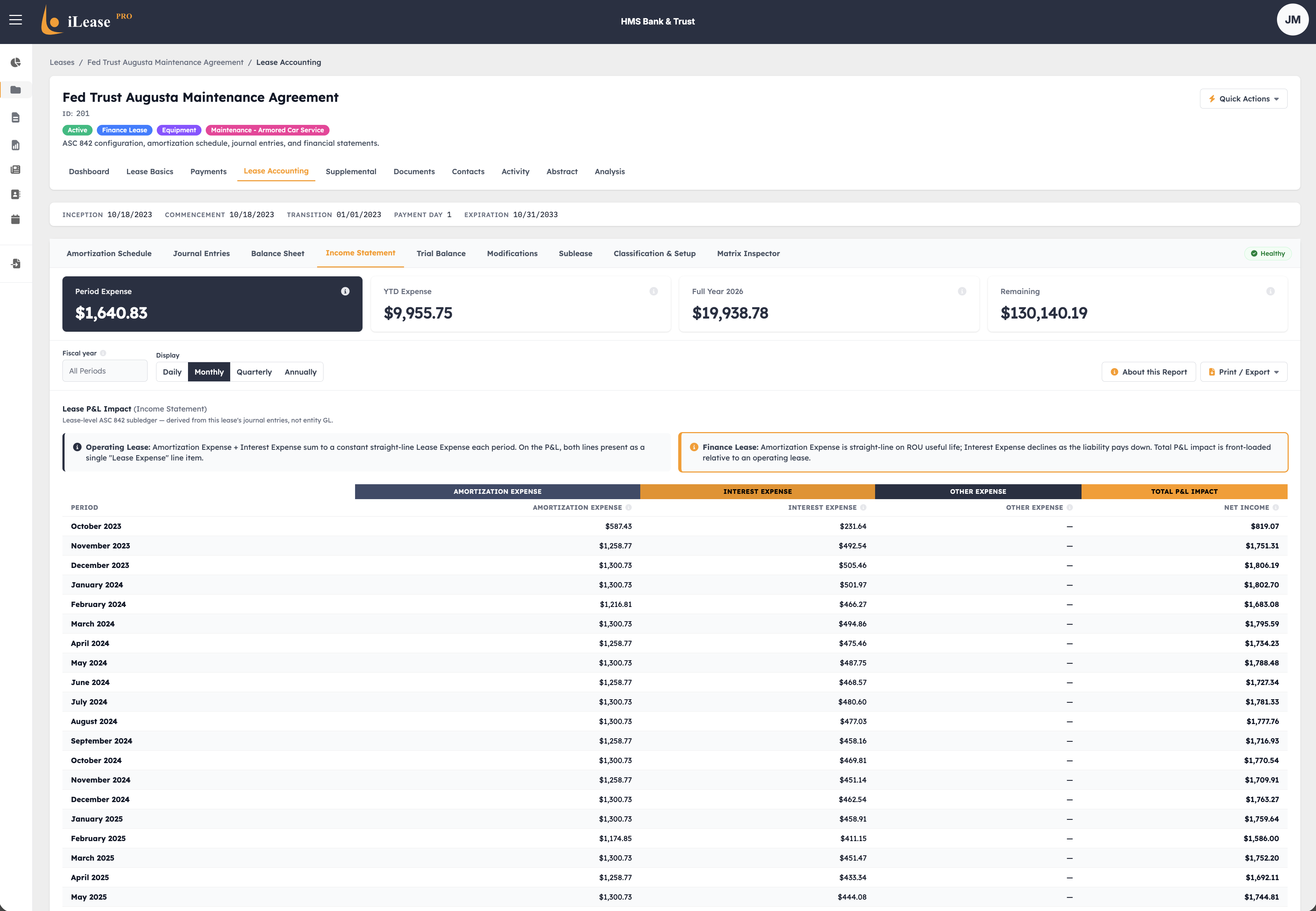 iLeasePro V2 Income Statement screenshot