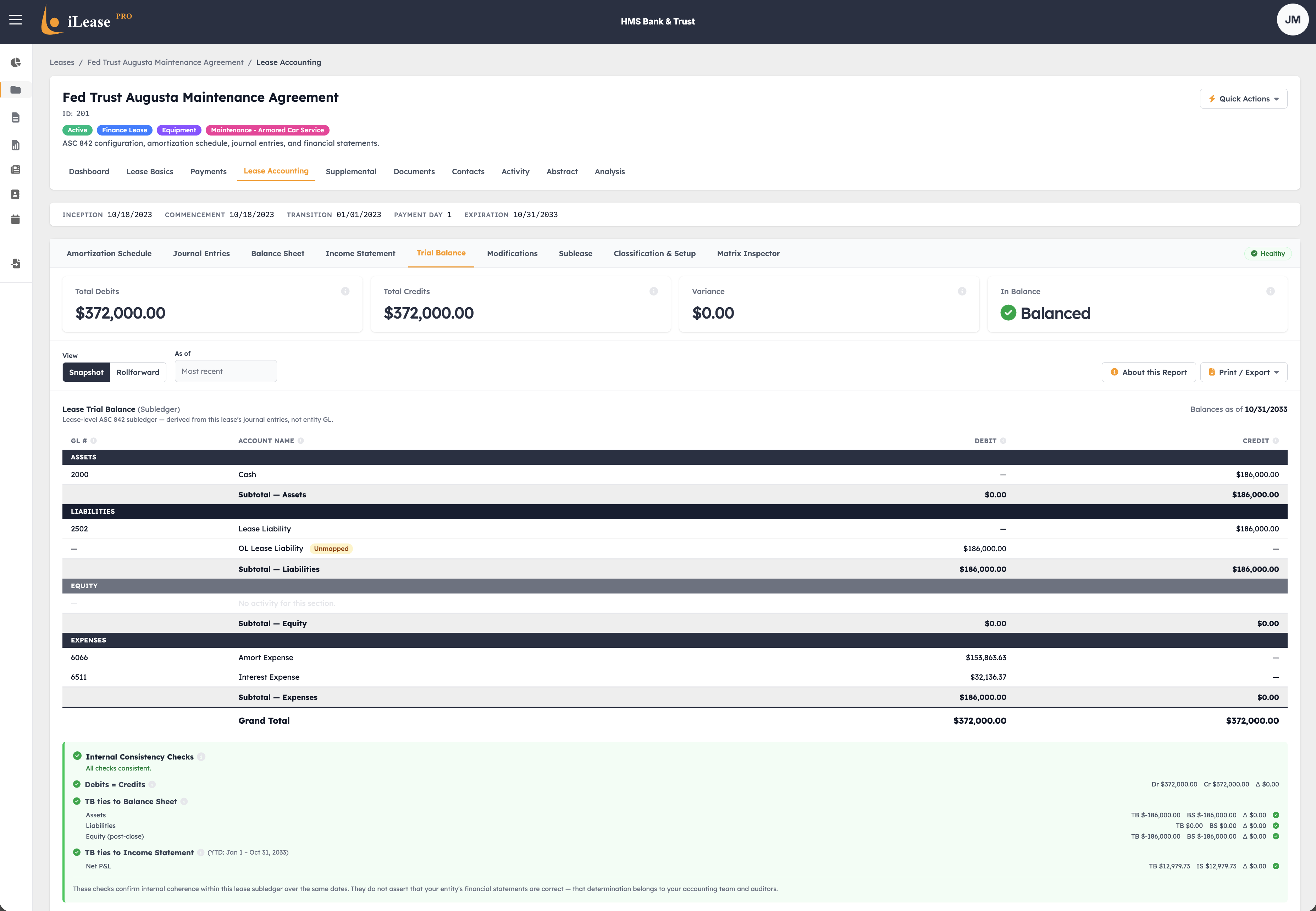 iLeasePro V2 Trial Balance screenshot