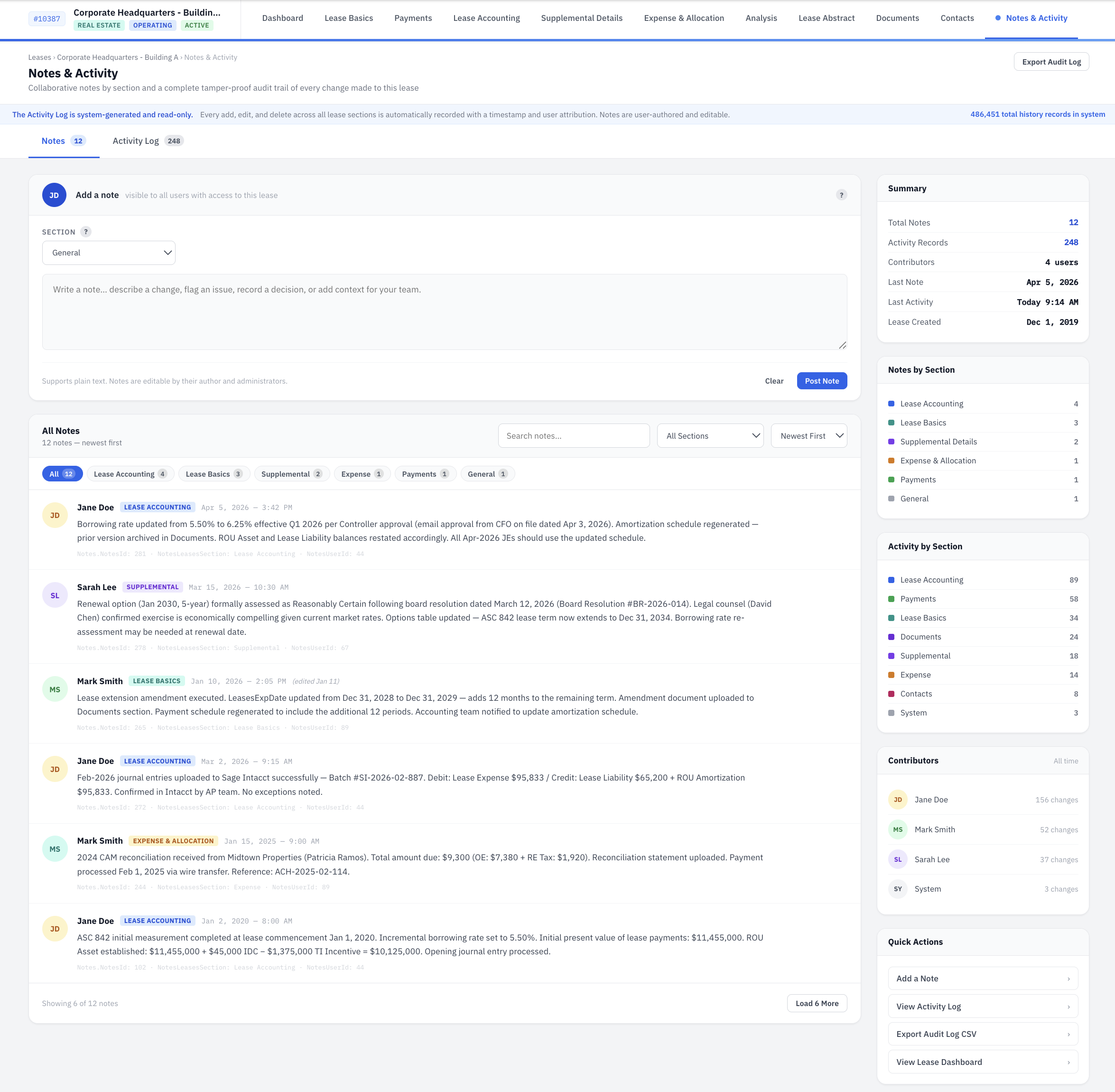 iLeasePro V2 Notes and Activity screenshot