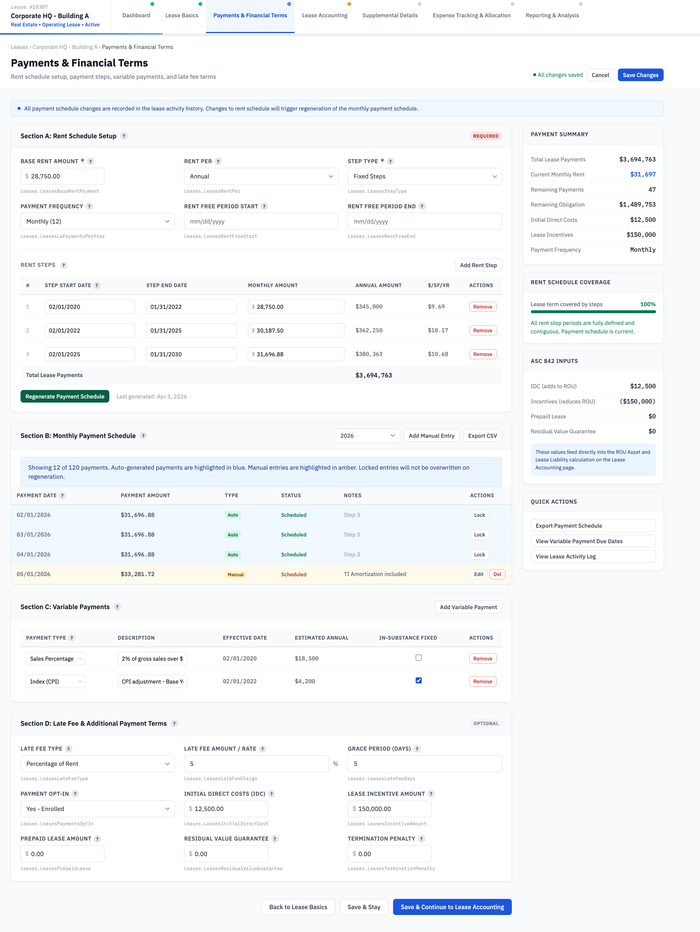 iLeasePro V2 Payments and Financial Terms screenshot
