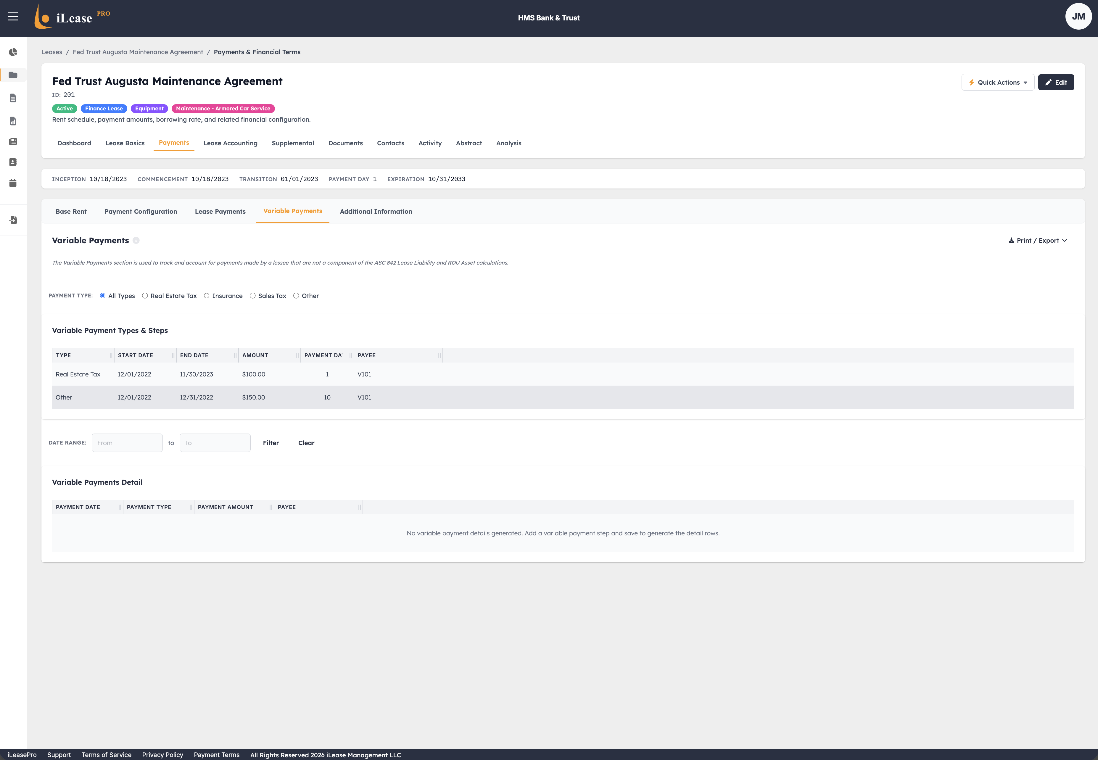 iLeasePro V2 Variable Payments screenshot