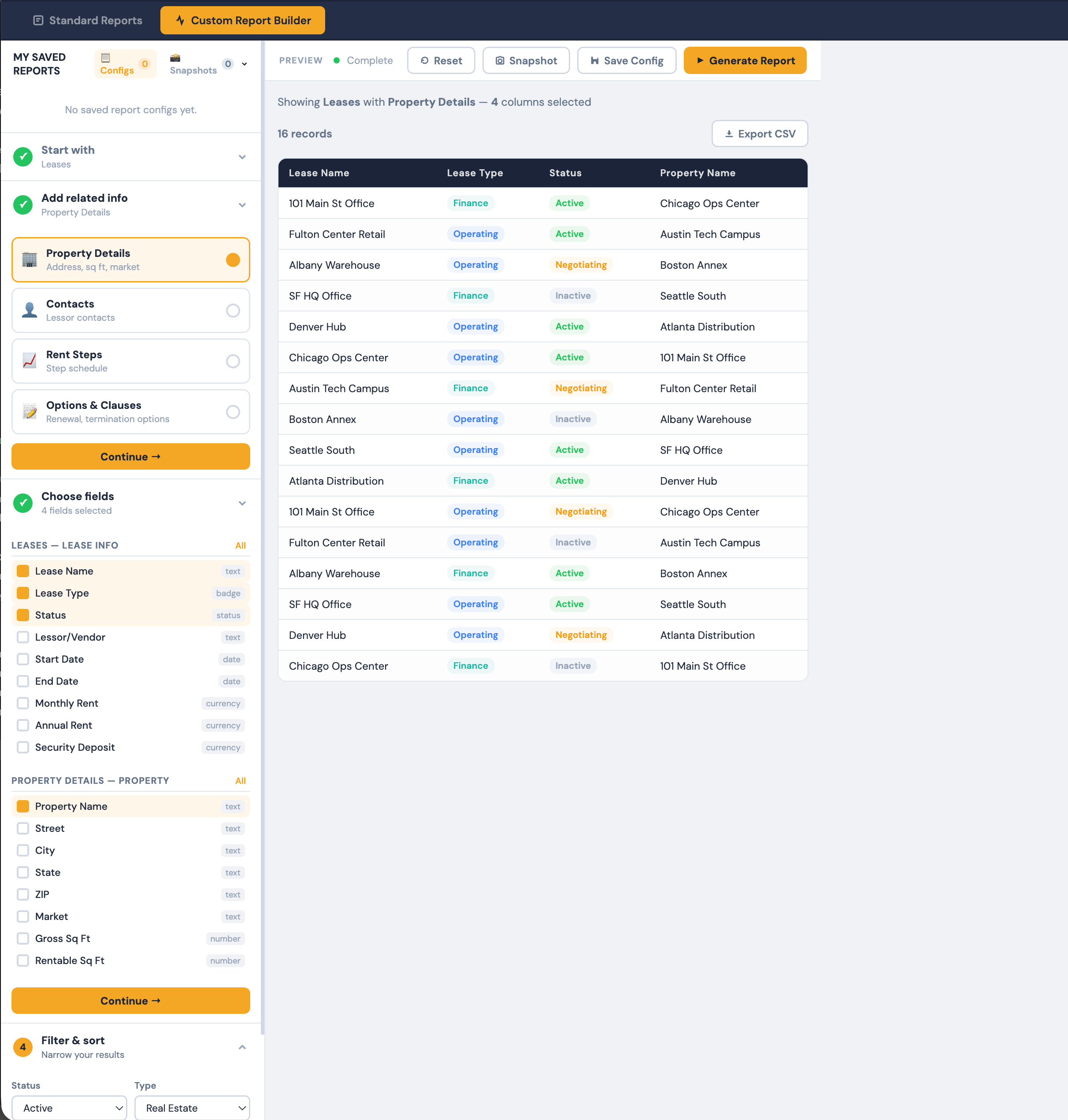 iLeasePro V2 User Custom Report Builder screenshot