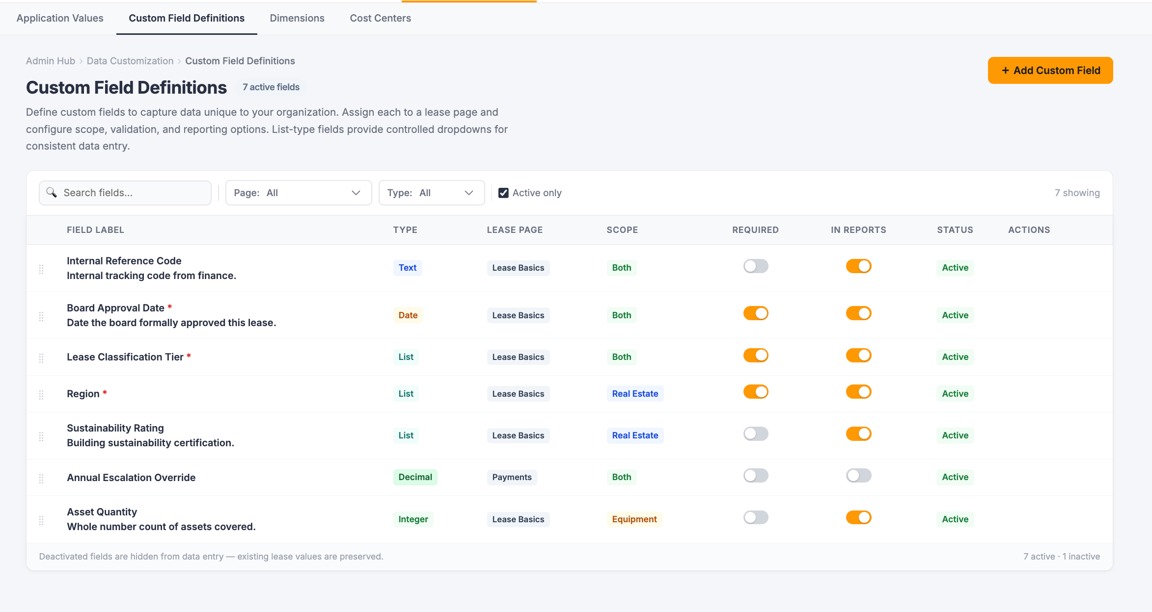 iLeasePro V2 Custom Field Definitions screenshot