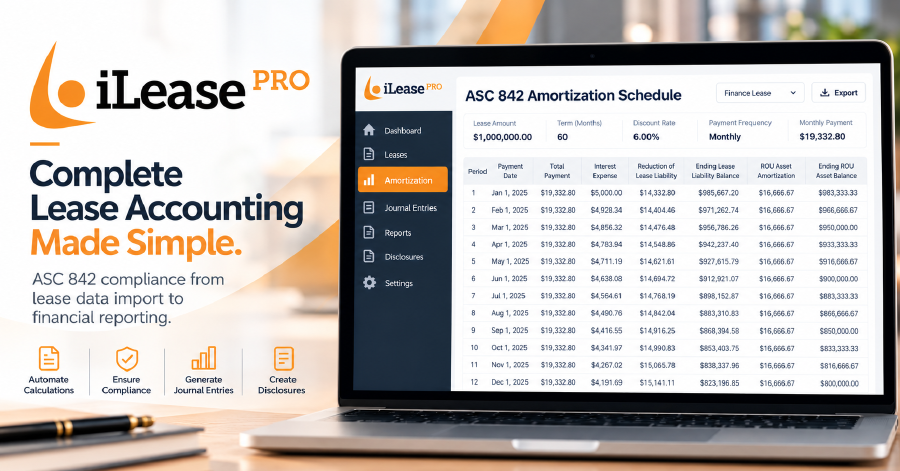 iLeasePro showing an ASC 842 amortization schedule for a finance lease on a laptop